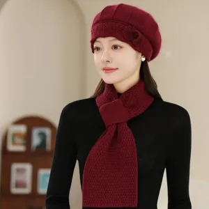 Ensemble Baret Écharpe Tricot Bordeaux Femme Hiver Chaud Bonnet Laine Élégant Chapeau Floral.