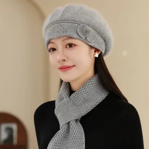 Ensemble beret et écharpe en tricot gris pour femme chapeau en laine chaud d'hiver élégant et thermique