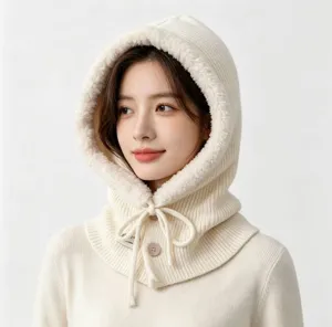 Cozy cream knitted balaclava with plush fleece lining, winter warm hood and shawl detail.
