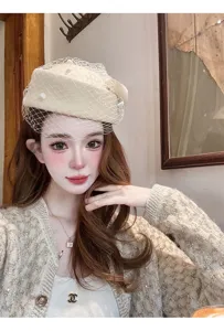 Gorro de lana tipo boina para mujer con velo y cardigan con brillo moda elegante dama invierno