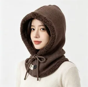 Winter warm knitted balaclava hooded scarf thick fleece lined hat with drawstring for women