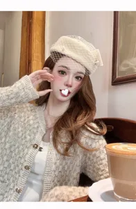 Chic sombrero de boina de lana de otono invierno con velo de malla elegante para mujer.