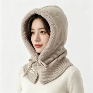 Cozy beige knit balaclava winter hood scarf fleece lined warm earflap headwear for women