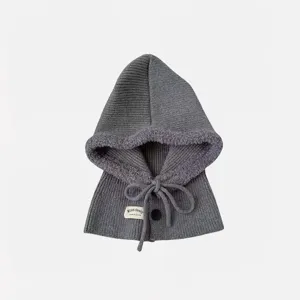 Knit balaclava hooded scarf winter warm fleece-lined beanie hat for women and girls gray