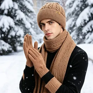 Ensemble Unisexe Bonnet Écharpe et Gants en Tricot à Torsades Polyester Chaud Doublé Polaire Hiver Coupe-vent Extérieur