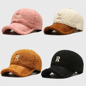 Autumn winter lamb wool baseball cap women fashion plush warm duck tongue hat with cute letter R.