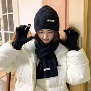 Gemütliches Winter Strickmütze Schal und Handschuhe Set in Schwarz, warme Alltagsmode.