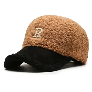 Women's Faux Lamb Wool Baseball Cap Autumn Winter Warm Plush Embroidery R Letter Adjustable Snapback Hat Fashion Outdoor Sun Hat