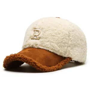 Fleece baseball cap for women autumn winter warm lambswool duckbill hat with letter embroidery