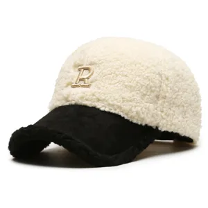 Women autumn winter sherpa baseball cap contrast color fleece embroidered letter warm hat