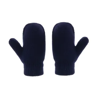 Dunkelblaue Kinder-Fäustlinge aus Strick, kuschelige Winterhandschuhe mit Rippbündchen warm.