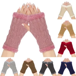 Women winter knitted fingerless gloves fuzzy fur trim arm warmers multi color variant display.