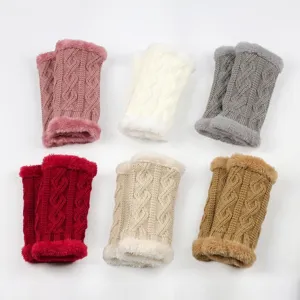 Knitted faux fur trimmed warm winter fingerless gloves short thermal arm warmers multi color