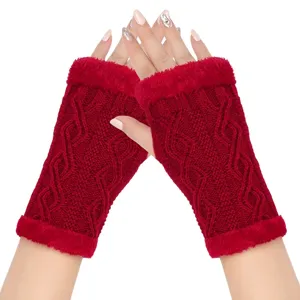 Red knit fingerless gloves with plush trim, warm winter arm warmers for women stylish daily wear.