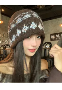 Chic bonnet en tricot marron pour femme, retro jacquard bonnet d'hiver chaud, style coreen.