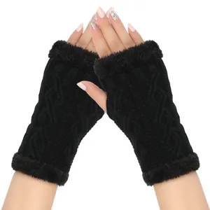 Close up of black knitted fingerless gloves featuring soft plush cuffs for winter warmth.