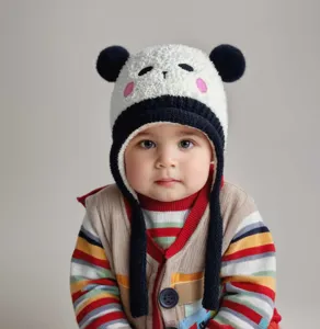Schattige pluche panda winter oorklep baby muts, warme fleece thermische kinder muts voor kinderen.