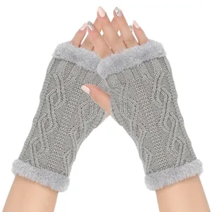 Grey knit fingerless gloves with plush trim, soft texture, cozy winter warm hand sleeve.
