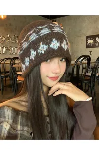 Bonnet en tricot marron automne hiver, bonnet chaud jacquard rétro mode quotidienne