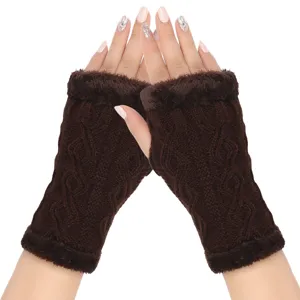 Brown plush trim knit fingerless gloves for women, cozy winter thermal hand warmer sleeves.