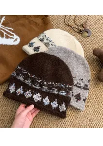 Bonnet en tricot jacquard pour automne hiver chaud et douillet style rétro coréen détail