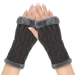 Dark grey knit fingerless gloves with plush fuzzy trim, warm winter short arm warmers.