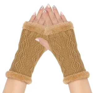 Cozy cable knit fingerless gloves with plush faux fur trim, warm winter arm warmers for women.