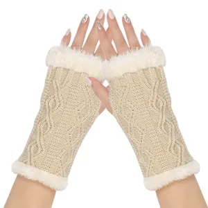 Beige knit fingerless gloves with faux fur trim, warm winter arm warmers for women.