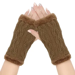 Brown cable knit fingerless gloves with plush cuff for winter warmth, stylish design.