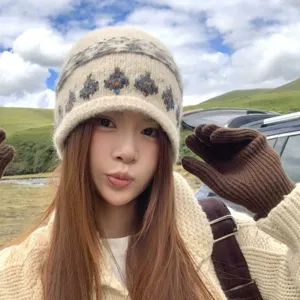 Élégant bonnet en tricot jacquard pour femme, chapeau chaud rétro coréen automne hiver.