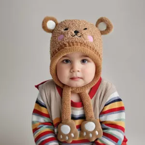 Leuke pluche berenmuts met oorkleppen voor baby's, warme winter gebreide fleece kinder muts.