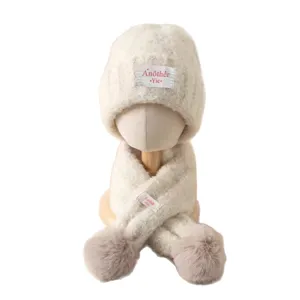 Ensemble bonnet et écharpe tricotés chauds pour enfants hiver avec pompons en peluche blanc