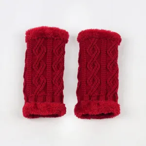Red knitted fleece arm warmers winter warm knitted gloves short sleeves with fuzzy cuffs.