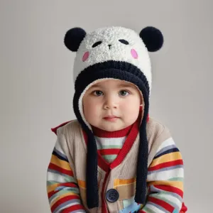 Schattige pluche panda baby muts met oorkleppen, dikke warme winter gebreide muts voor kids.