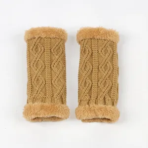 Knit arm warmers detail view, plush faux fur trim and cable texture, winter cozy accessory.