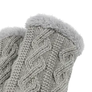 Grey cable knit fleece wrist warmers detail shot, soft plush trim winter gloves.