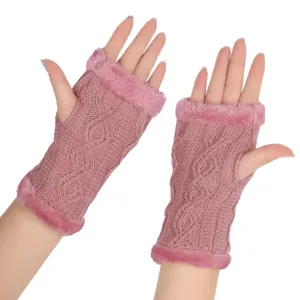 Pink knitted fingerless gloves with fuzzy fur cuffs, warm winter thermal half finger gloves.
