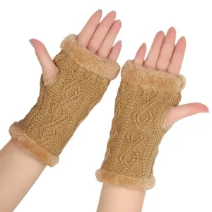 Knit fingerless gloves detail view, plush faux fur trim, cable knit pattern, camel winter warm.