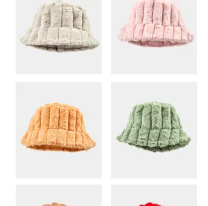 Thickened faux rabbit fur bucket hat for women, winter warm plush striped basin hat details.
