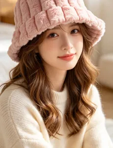 Soft pink plush bucket hat, cozy fuzzy winter cap detail shot, cute Korean style warmth accessory.
