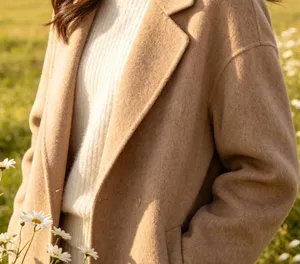 Close-up detail of the stylish woolen overcoat texture and soft knit sweater fashion.