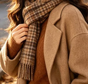 Winter warm plaid tassel scarf for women, classic check pattern fashion cozy neck wrap.