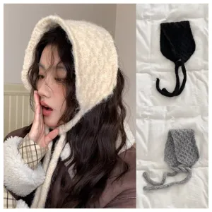 Winter Warme Strickmütze Mit Ohrenschützer Für Damen Ananasmuster Beanie Mit Bindebändern Winddicht Ohrenschützer Schal Hybrid Mütze