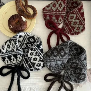 Japanischer Vintage Jacquard Strick Ohrenschützer Halswärmer Fair Isle Muster Schnürung Winter Warm Outdoor Ohrenschutz Für Damen Herren