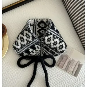 Japanischer Vintage schwarz-weißer Jacquard Strickschal warmer Winter Kragen Accessoire