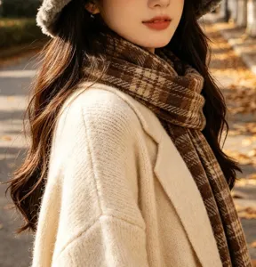 Autumn winter cozy fluffy bucket hat detail, warm knitted coat and plaid scarf matching.