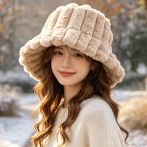 Women Thickened Faux Rabbit Fur Fisherman Hat Plush Bucket Hat Warm Winter Hat Japanese Korean Style Solid Color Foldable Outdoor Cap