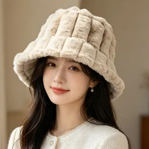 Winter thick plush bucket hat for women, Korean style soft warm furry fisherman cap.