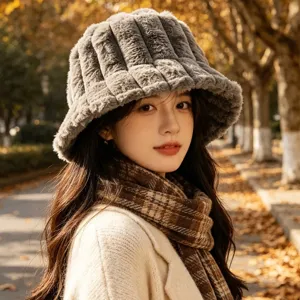Thickened faux fur bucket hat for women, Korean style warm plush basin hat for winter.