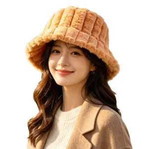 Thickened plush bucket hat for women winter warm faux fur fisherman hat soft comfortable